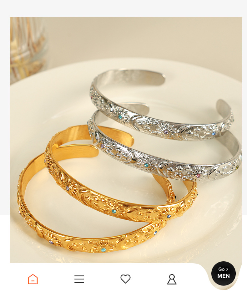 Sun, Moon Pattern PVD Coated Real Gold Plated Sun Moon Titanium Steel Retro Simple Style Waterproof Non Tarnish Titanium Steel Bangle