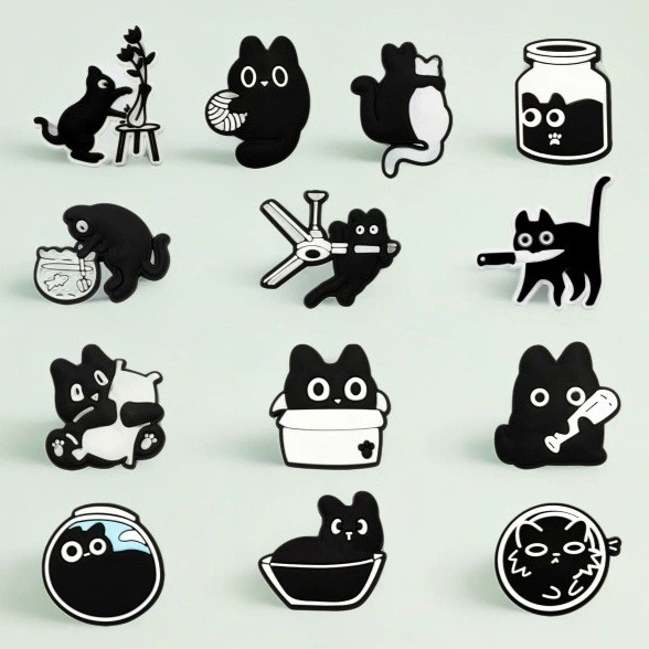 新款卡通黑猫洞洞鞋鞋花装饰配件PVC软胶可爱可拆卸鞋扣diy