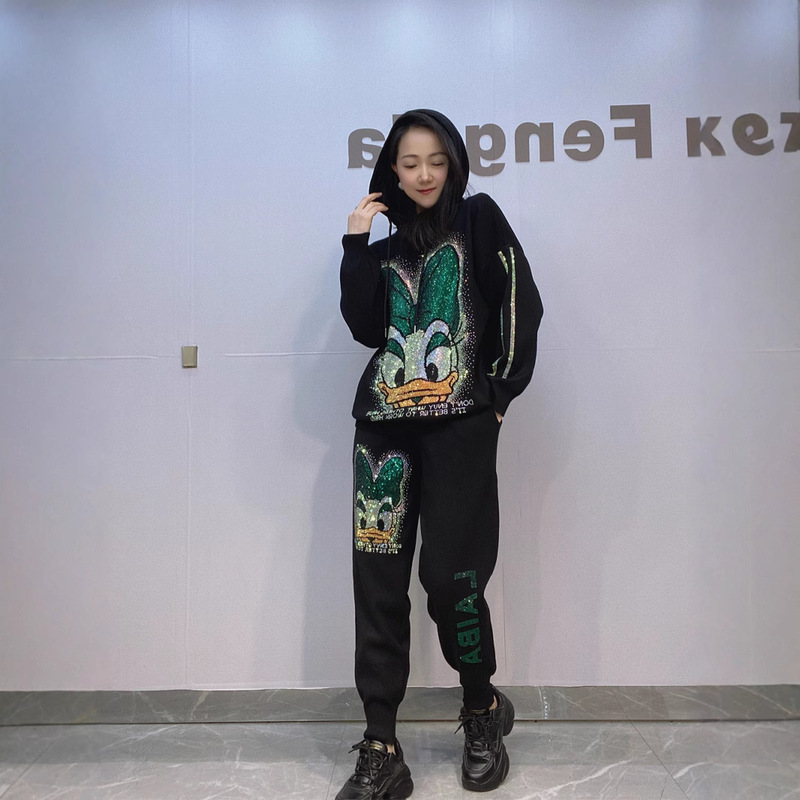 Cross-border European and American Women's plus size Hooded Knitted suit Women's Spring and Autumn Pullover Casual Trousers Two-piece Set of Hot Drilling