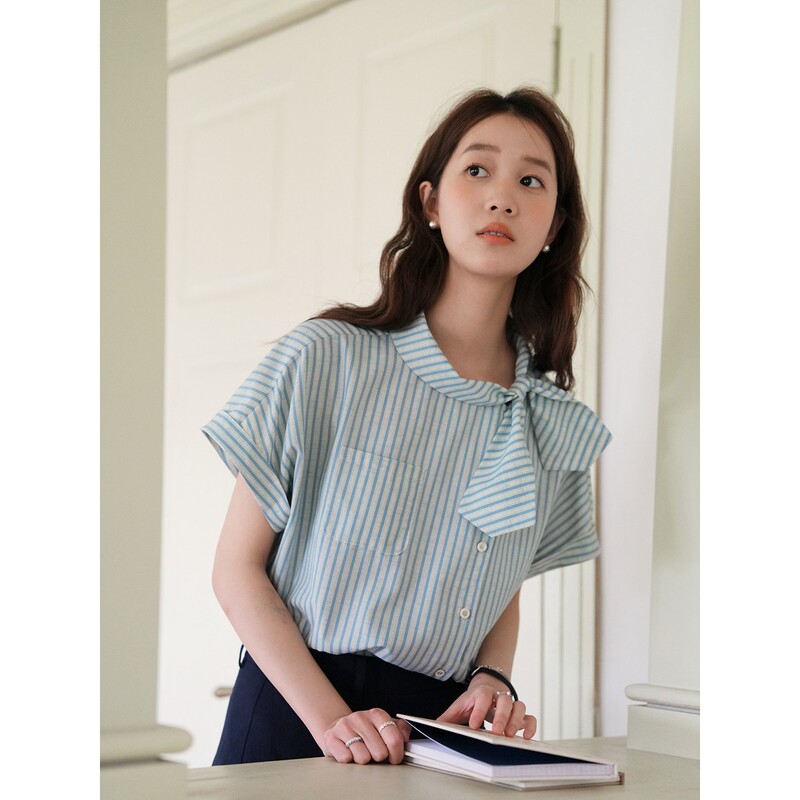 Nov Elist Retro Asymmetrical Bow Tie Blouse Summer New Style Diagonal Placket Design Striped Shirt for Women