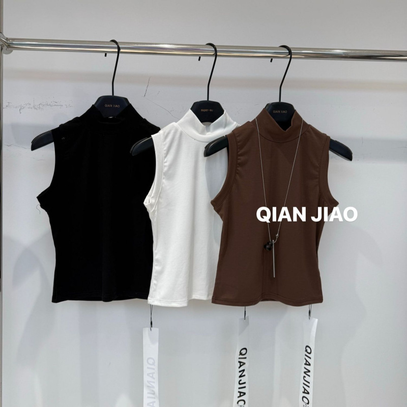 Summer New Basic Style Half-High Collar Sleeveless Vest with Elastic Ribbed Fabric, Slim Fit, Versatile Inner Top for Women