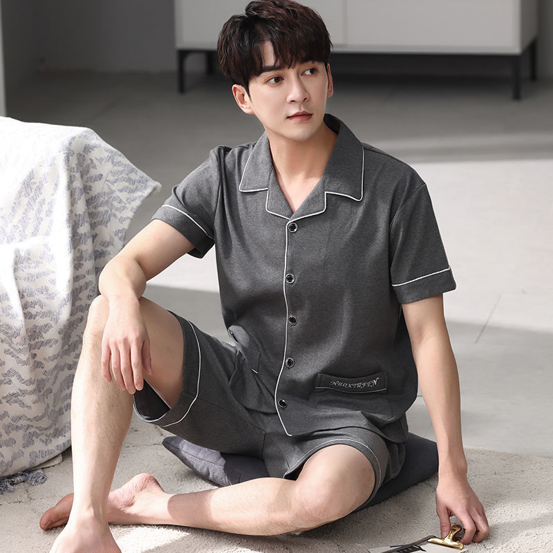 Pijamas de hombre ropa de verano 100% algodón pantalones de manga corta chaqueta juvenil traje de homewear delgado de mediana edad