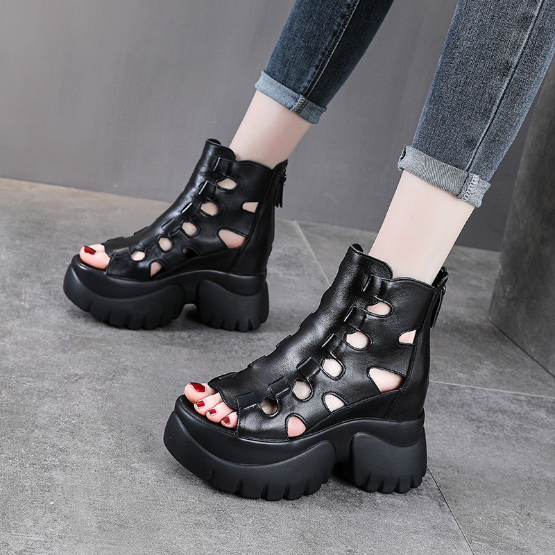 Sandal cao gót nữ hở mũi đế dày gót 9 cm da thật phong cách La Mã — Màu đen
