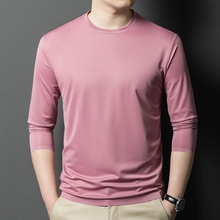 2025秋季新款男式休闲圆领T恤中年时尚男装潮流高端桑蚕丝长袖T恤