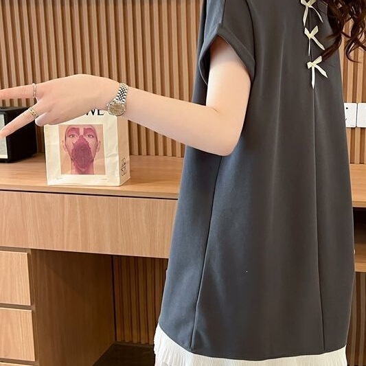 Fake Two-Piece Lace Splicing Short-Sleeve T-Shirt for Women, 2025 Summer New Korean Style Loose Fashion Versatile Dress Ins