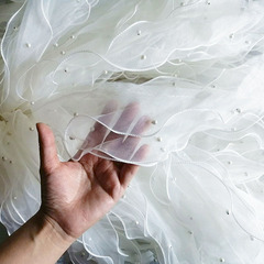 三層歐根紗釘珠白色diy蕾絲輔料禮服婚紗裙子下擺褶皺立體花邊寬