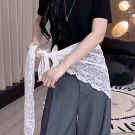 大码绑带一片式字半身裙女新款微胖屁帘蕾丝叠穿显瘦纱裙