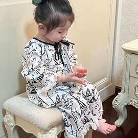 儿童睡衣春秋夏季新款宝宝卡通印花女童薄款长袖家居服套装网眼布