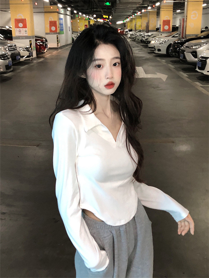 Pure Desire Style White Polo Collar Bottoming Shirt Long-sleeved T-shirt Female Hot Girl Early Autumn Top Autumn Student Top