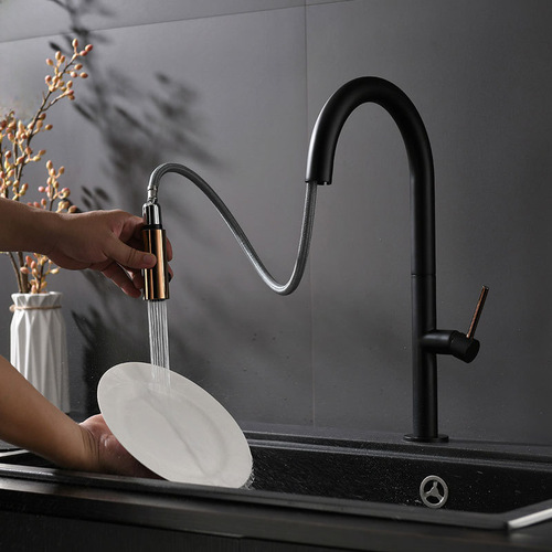 Cross-border Nordic full-copper kitchen pull-out faucet cold and hot dishwashing basin vegetable basin black foreign trade basin faucet