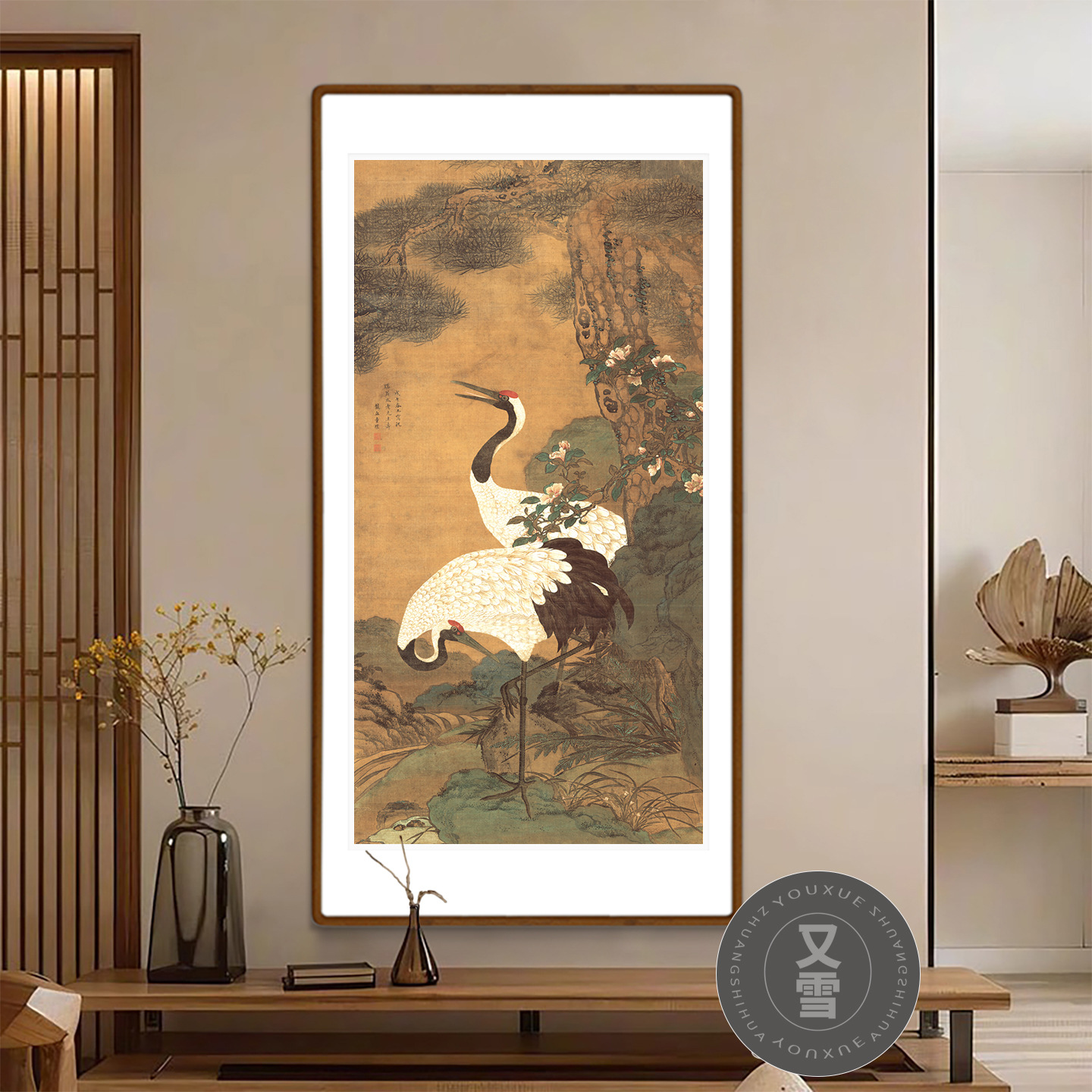 松鹤延年仙鹤图新中式客厅玄关挂画古画听琴图茶室书房装饰画竖版