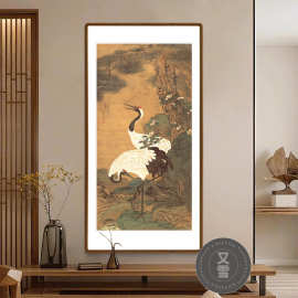 松鹤延年仙鹤图新中式客厅玄关挂画古画听琴图茶室书房装饰画竖版
