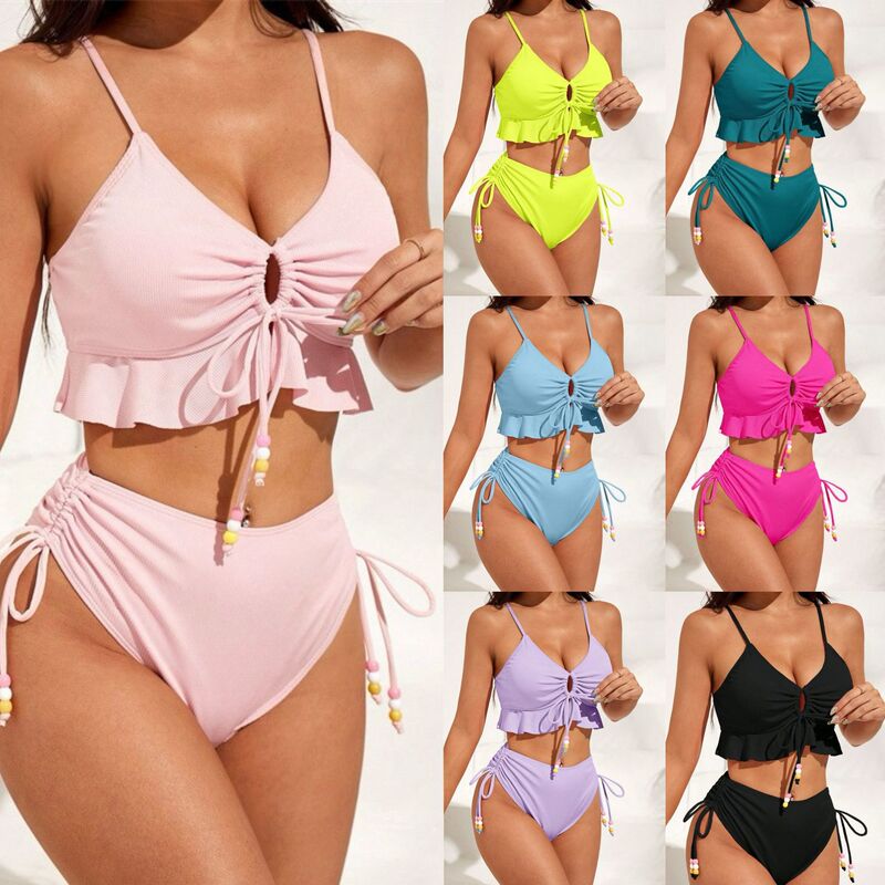 Cross-Border Split Swimsuit Women's European and American Bikini Sexy New Solid Color Ruffled High-End Bikini Swimsuit