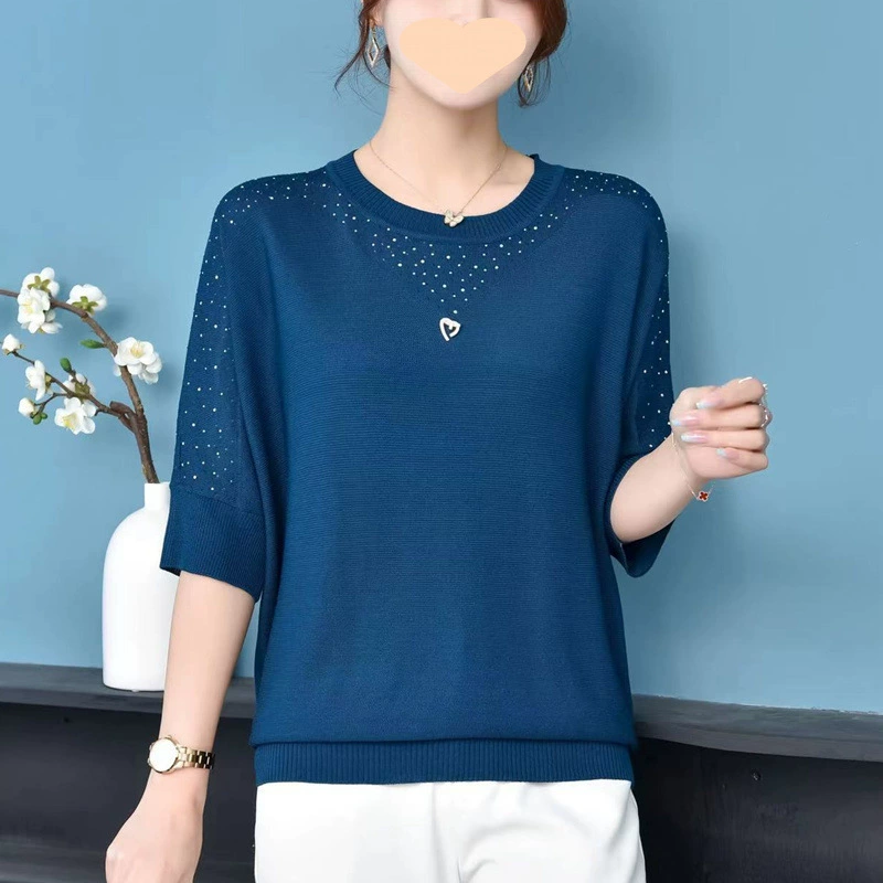 Женская одежда больших размеров 2025 весна и лето тонкий стиль для мам среднего и пожилого возраста топы с рукавами три четверти для скрытия живота и стильный трикотаж