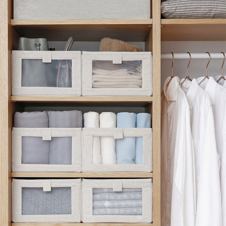 Japanese cotton and linen fabric storage box with viewing window, foldable wardrobe clothing storage basket toy clothing miscellaneous organization box