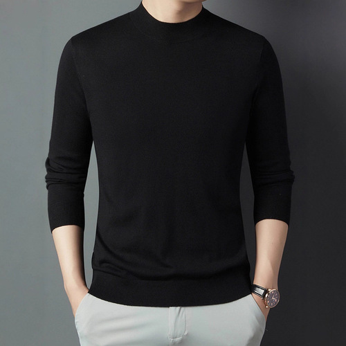 Cross-border half-high collar knitted sweater long-sleeved T-shirt men's autumn new mulberry silk cashmere wool base sweater medium blue