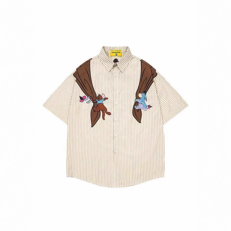 Shirt Summer Top Retro Childlike Bear Striped Short-Sleeve Design Vintage Loose Fashion Niche Cartoon