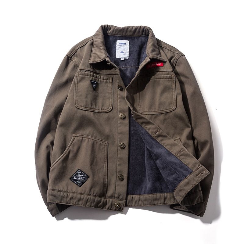 Loose-Fitting Oversized Men's Jacket for Autumn and Winter, Japanese-Style, Stain-Resistant, Multi-Pocket, Durable, Fleece-Lined Workwear