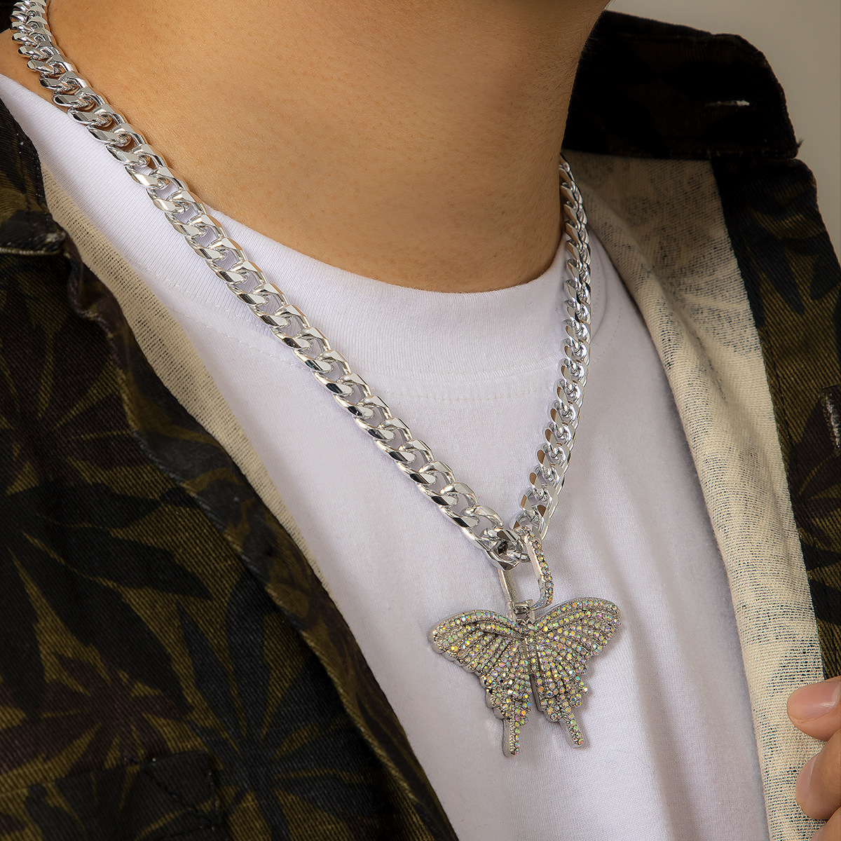 Hip-Hop Butterfly Alloy Plating Rhinestones Menu0027S Pendant Necklace