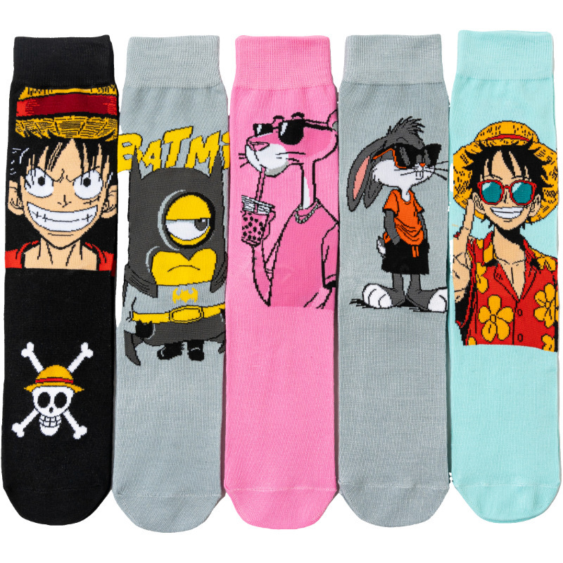 Trendy Four-Season Men's Cotton Anime One Piece Luffy Women's Minion Mid-Tube Fashionable Socks Men's Socks