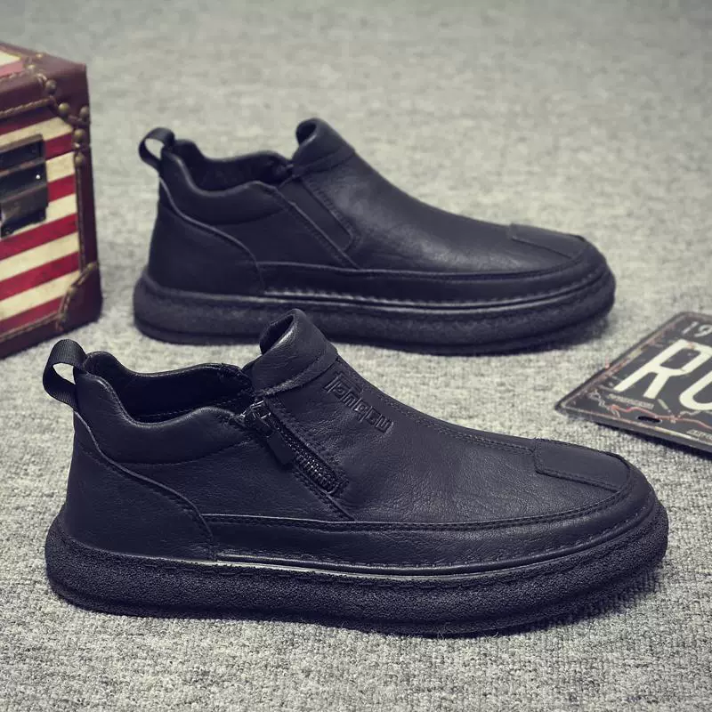 Трансграничная Мужская обувь European Station, модная повседневная кожаная обувь без шнуровки на молнии средней высоты, черные мотоциклетные кожаные модные кроссовки