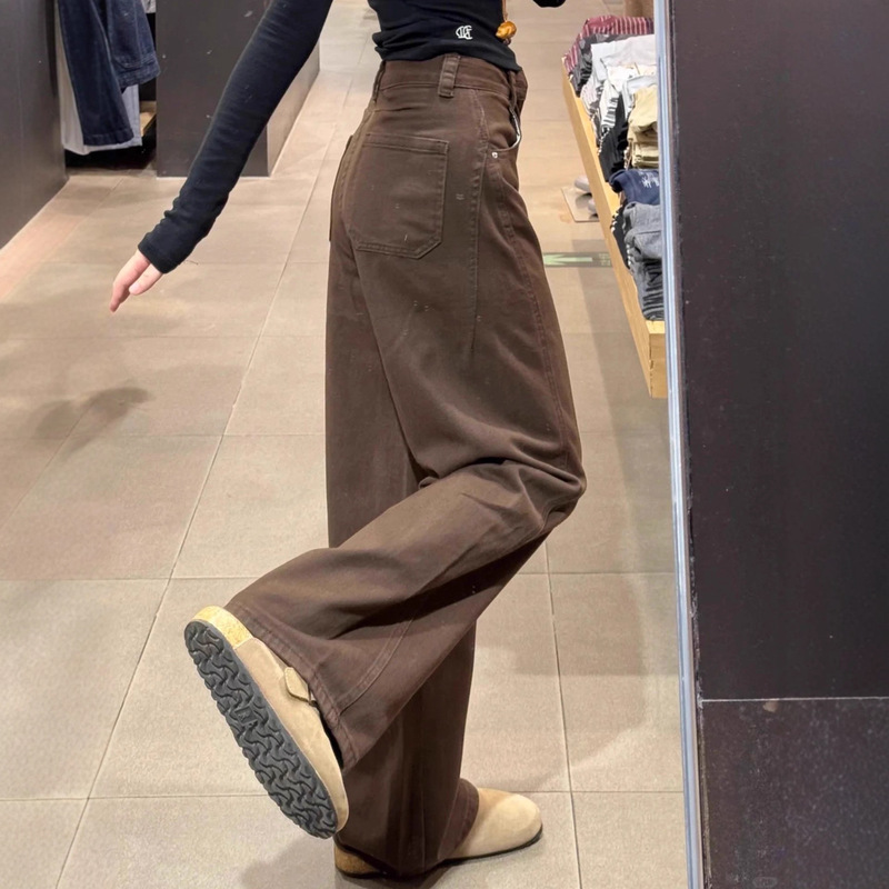 Maillard Coffee-Colored Pants for Women, Autumn Scimitar Pants for Women, 2025 New Large Size Fat mm High-Waist Slimming Wide-Leg Jeans