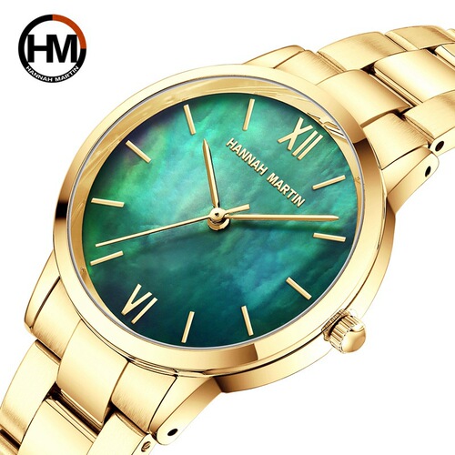 Ladies Japan Movement Waterproof Watch Jade Jade Green Women's Watch Pearl Shell Dial Stainless Steel Strap Watch