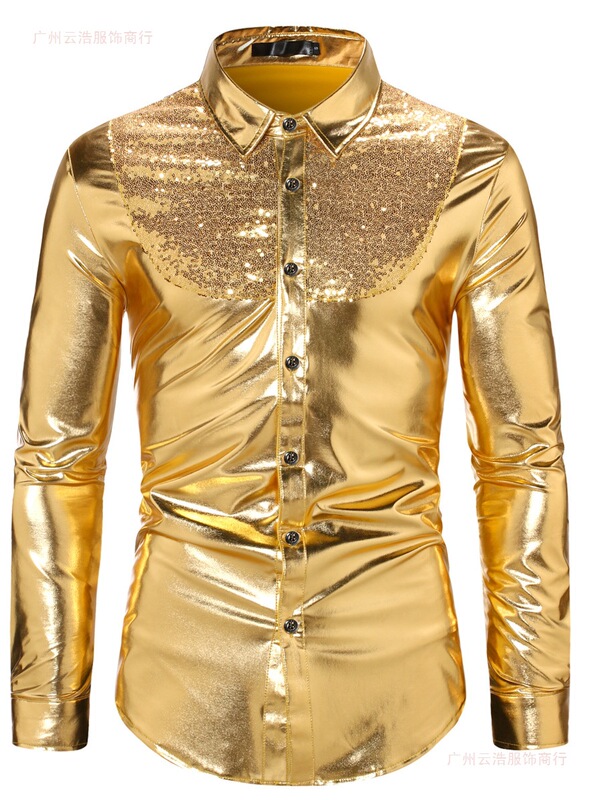 Autumn Fashion Color-Blocking Sequin Disco Shirt Wholesale Purchase Men's Long-Sleeve Shirt