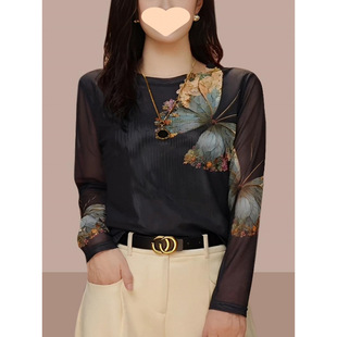 Autumn and Winter New Mesh High-end Top Small Shirt All-match Western-style Light Luxury Round Neck Chinese Style Base Shirt T-shirt