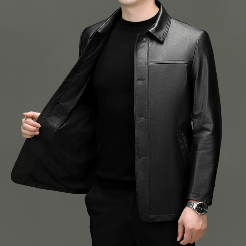 Leather autumn jacket, genuine leather, for middle age