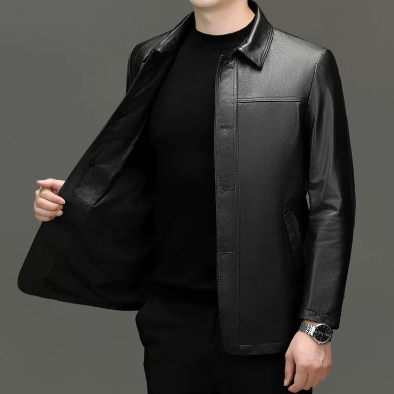Leather autumn jacket, genuine leather, for middle age