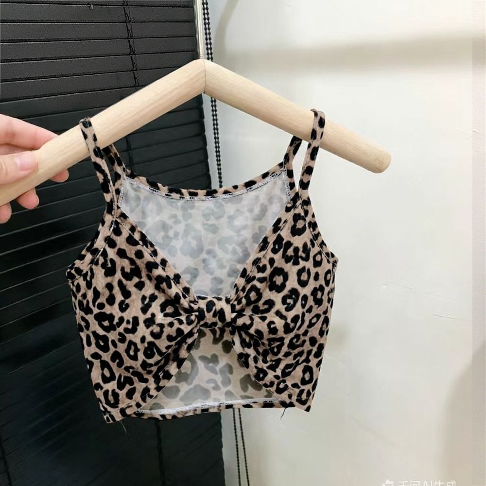 Girls' summer vest, stylish and trendy Korean style, leopard print, cartoon bow, backless, short suspender top