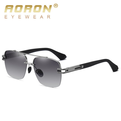 New rimless men's polarized sunglasses, fashionable large frame two-color metal square sunglasses A671