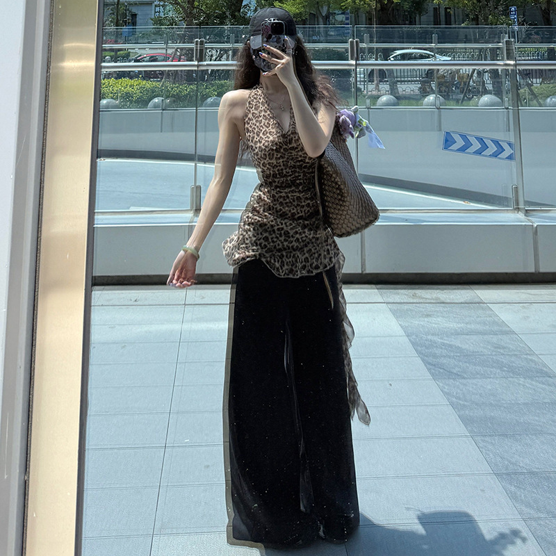 美式甜酷辣妹豹纹挂脖领吊带背心女夏季新款外穿无袖恤上衣|undefined