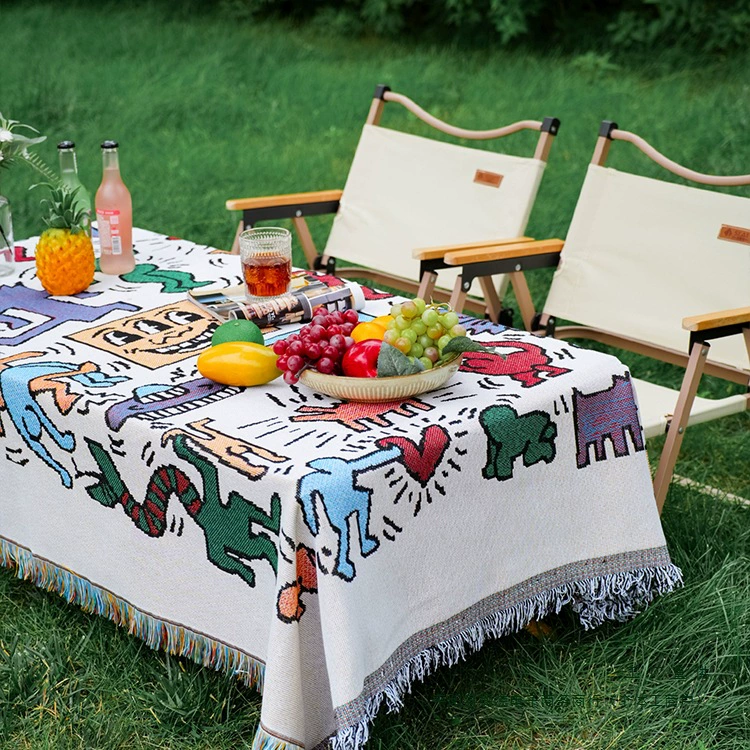 Богемный коврик для пикника из хлопка и льна, скатерть в стиле кемпинга, газон, американский мультяшный уличный диван, одеяло, декоративное одеяло с котом