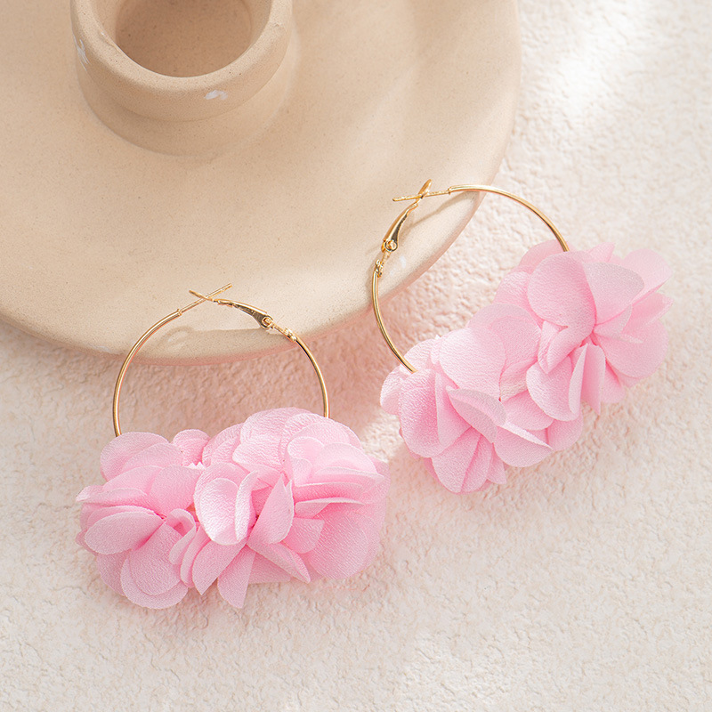 Light pink ethereal floral multi-color chiffon earrings, niche design earrings with a high-end feel and gentle temperament