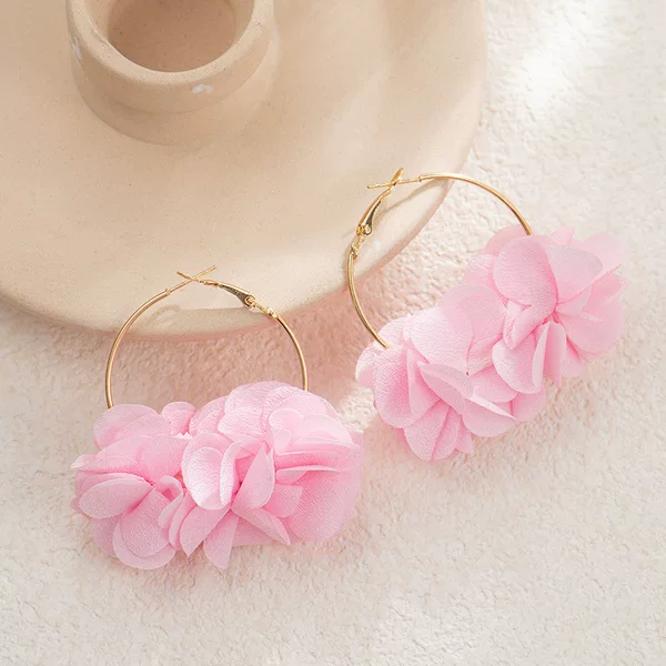 Light pink ethereal floral multi-color chiffon earrings, niche design earrings with a high-end feel and gentle temperament
