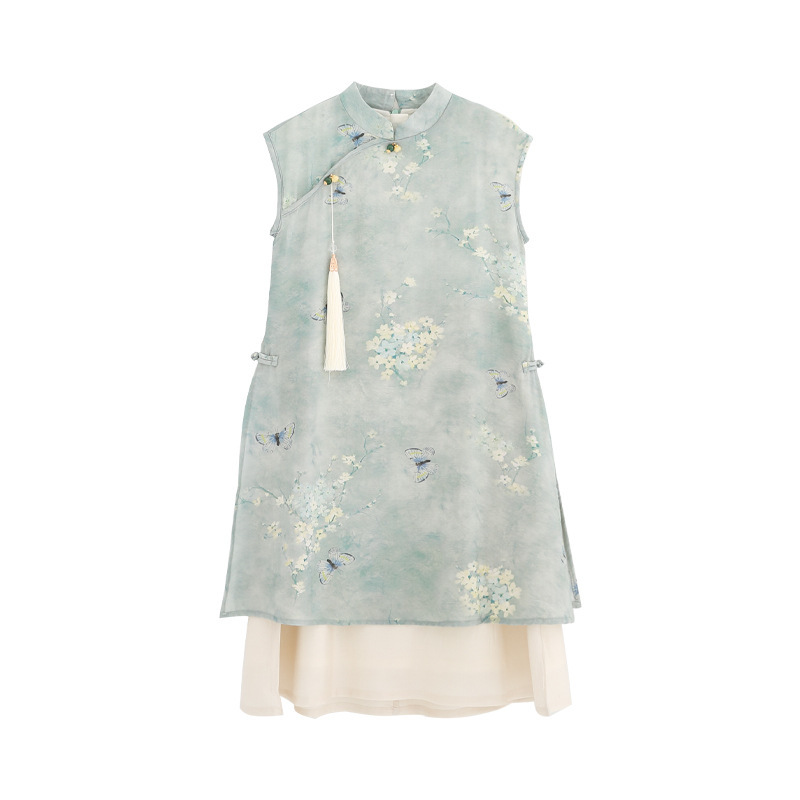 新しい中国風の女の子のチャイナドレス改良版漢服中国風の夏の子供用偽ツーピースドレスシフォンスカート|undefined