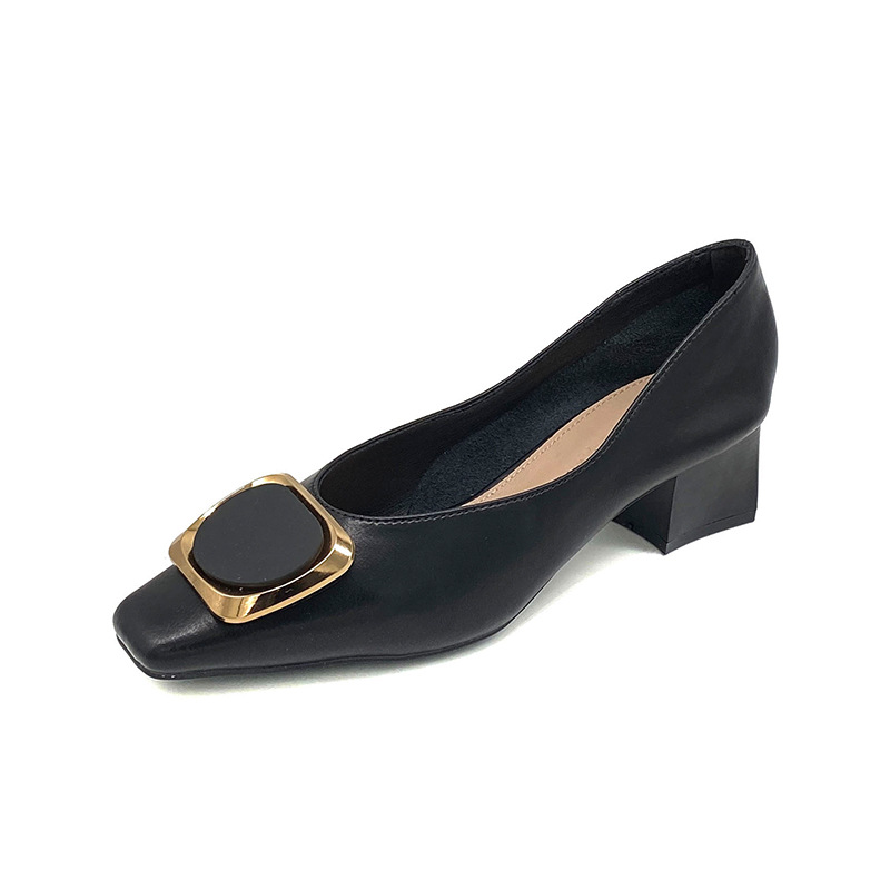 Real cowhide mid-heel women's shoes 2023 summer new shallow-mouth thick-heeled square-toed single shoes women's slip-on loafers high-heeled_voghion.com
