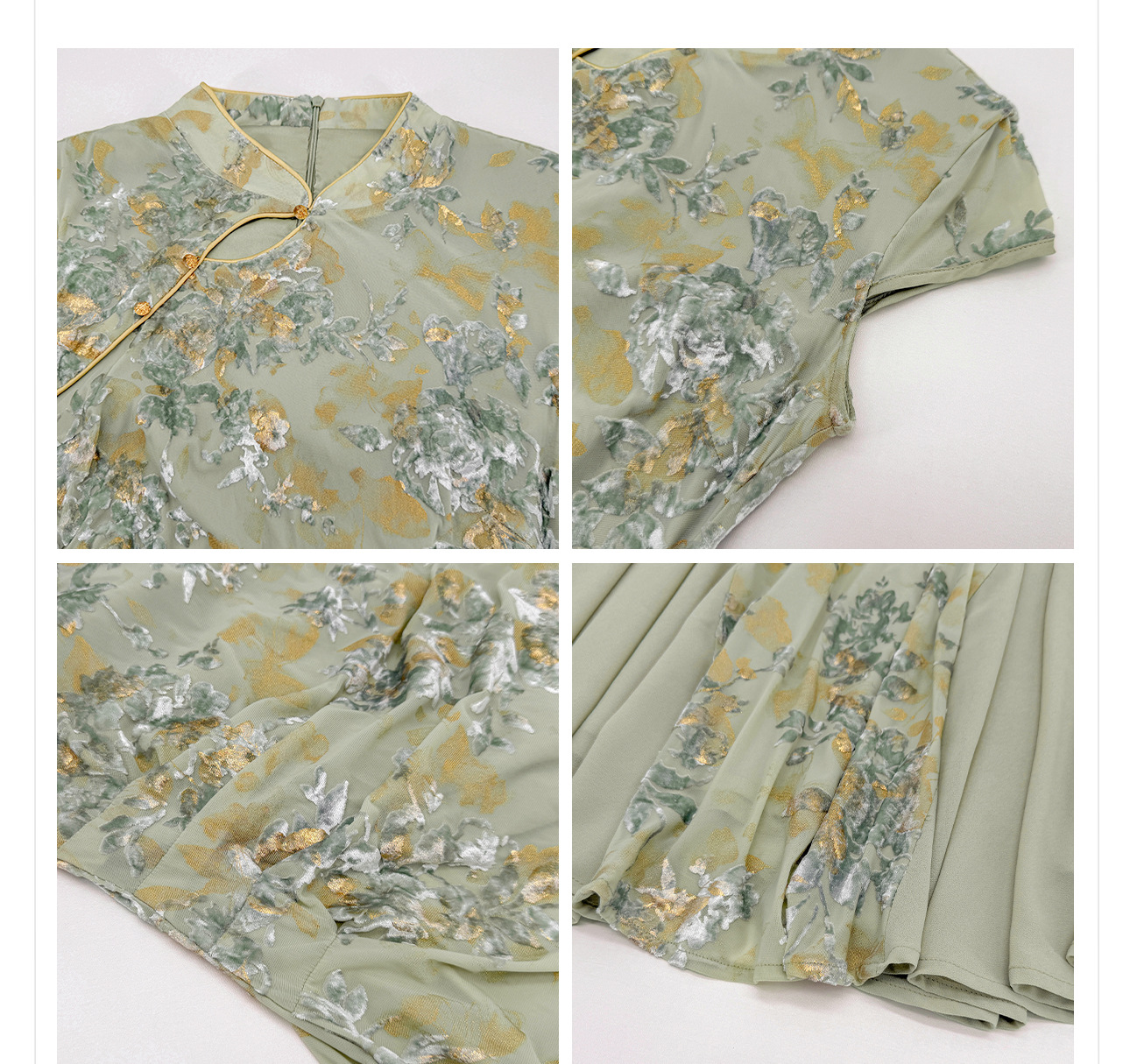 Đầm maxi nữ cổ đứng ren hoa thêu tay dài — Xanh lá cây nhạtcolor chi tiết 17