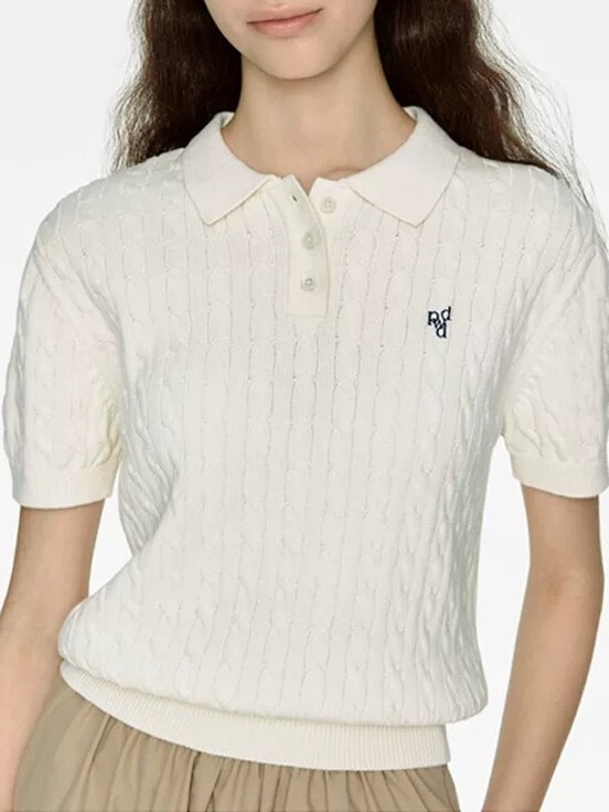 クラシックフレンチポロシャツツイスト半袖薄手カジュアルラペルホワイトセーターTシャツトップ女性用|undefined
