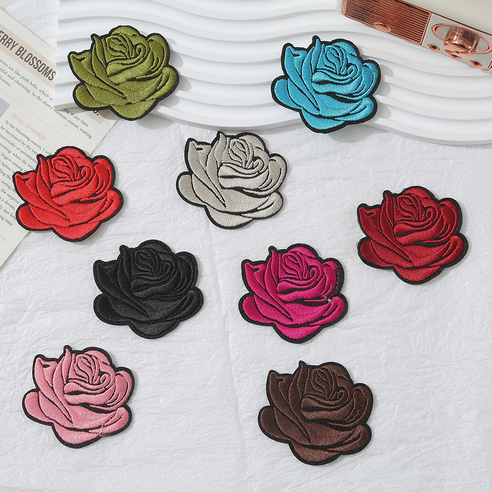 diy电脑绣花玫瑰花标布贴 刺绣花朵箱包鞋帽服装辅料背胶补丁贴