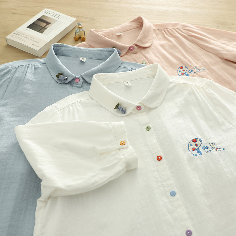 2025 Summer New Artistic Fresh Loose Casual Mushroom Embroidered Shirt Women's Half Sleeve Half Sleeve Shirt