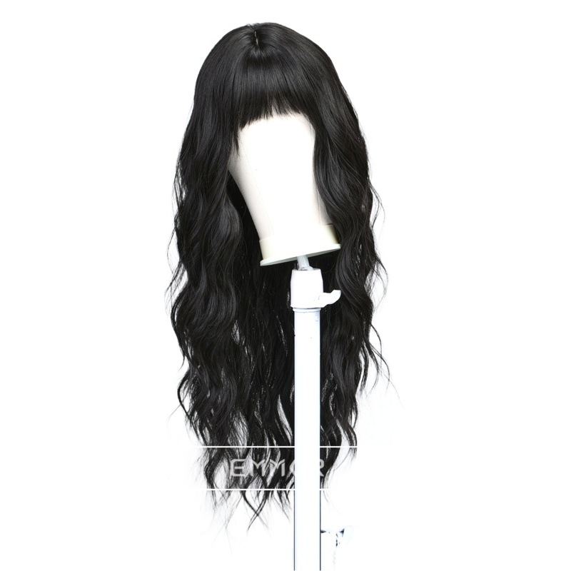 Europa y América transfronteriza nueva natural negro bangs moda gran ola larga pelo rizado mullido peluca de las mujeres cubierta de la cabeza completa