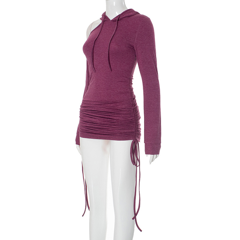 Autumn Solid Color Slim off the Shoulder Drawstring Dress Women