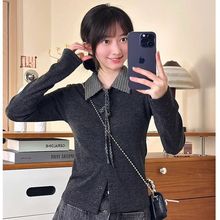 法式复古格子衬衫翻领假两件长袖女韩风蝴蝶结系带针织衫纽扣外套