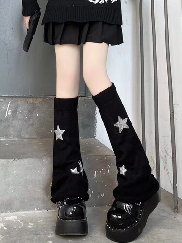 Y2K subculture JK socks for women, black long tube calf socks, knitted sock covers with stars, leg warmers, trendy puffy socks