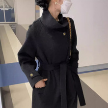后背风衣款式双面羊毛大衣立领腰带大裙摆长款羊绒毛呢加厚外套女