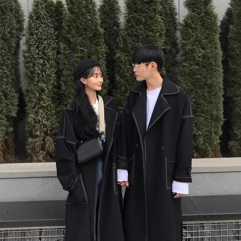 Cross-Border Spring and Autumn Textured College-Style Long Trench Coat for Couples, Unisex Over-The-Knee Black Coat for Commuting