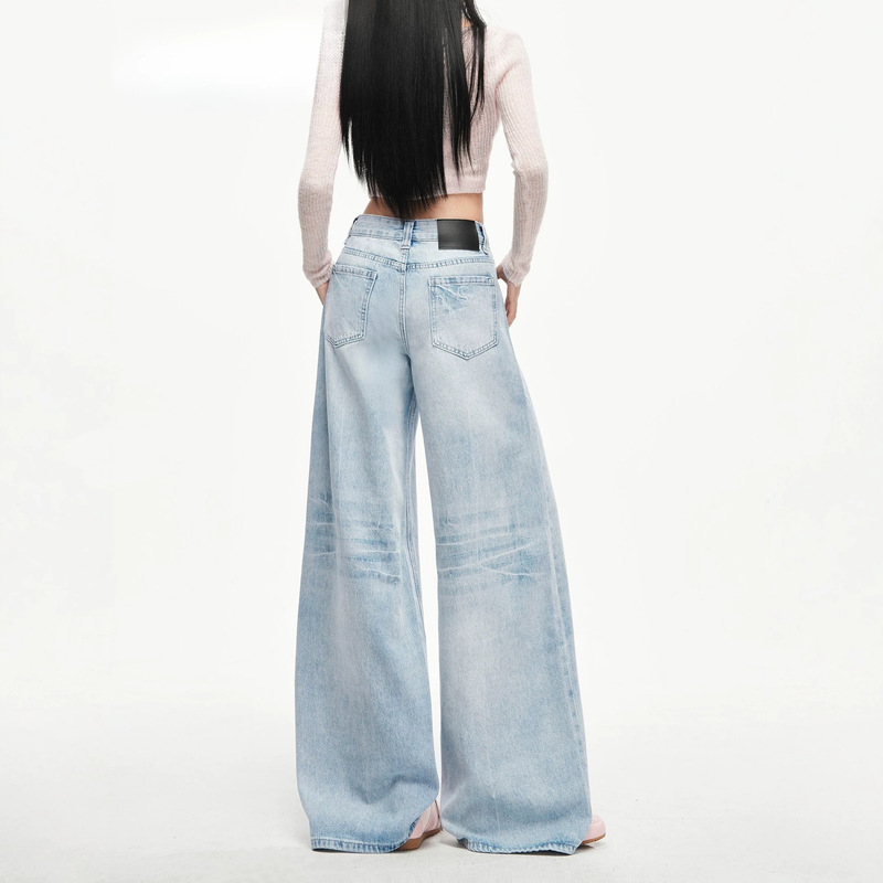 Blue Washed Low-Waist Wide-Leg Jeans for Women, Summer 2026 New Style, Loose Fit, Slimming Straight Pants Blue Washed Low-Waist Wide-Leg Jeans for Women, Summer 2026 New Style, Loose Fit, Slimming Straight Pants